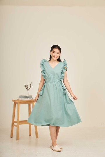 牛津棉無袖綁帶長洋裝  - ALLURE : 薄荷綠色