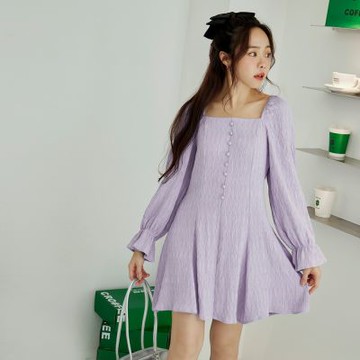 OB嚴選中大尺碼-皺褶紋理方領澎袖短洋裝《DA10273》