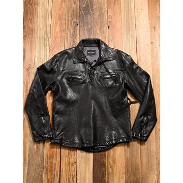 美式復古男裝縮水無涂植鞣頭層綿羊皮套頭衛衣甲板服夾克真皮皮衣