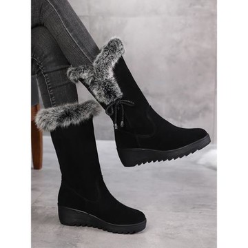 真皮兔毛雪地靴2025冬季一腳蹬保暖棉鞋女冬加絨加厚坡跟中筒女靴