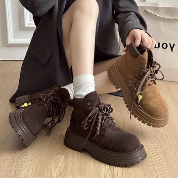 白鳥麗子 [現貨快出] 馬丁靴 百搭素色拼接綁帶圓頭厚底短靴