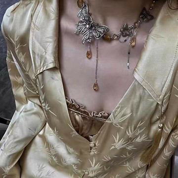 【台灣公司 可打統編】免運 歐美蝴蝶流蘇項鏈復古雙層虎眼石頸鏈輕奢小眾設計感氣質辣妹項圈 可開發票 全館五折 工廠現貨直銷 新品特價 z9211