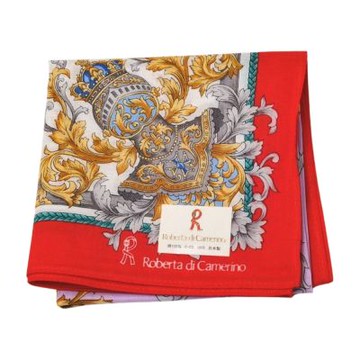 Roberta di Camerino 白底紅邊巴洛克徽章印花棉質LOGO帕巾(46CM)