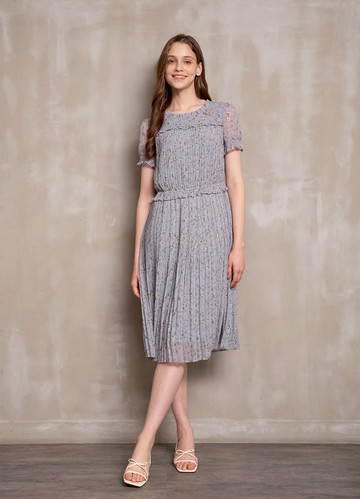 蝶戀翩翩碎花雪紡壓褶洋裝