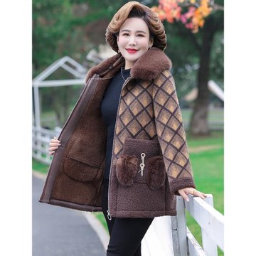 媽媽裝水貂絨外套加絨50歲闊太太羊剪絨大衣中老年女冬裝毛呢大衣