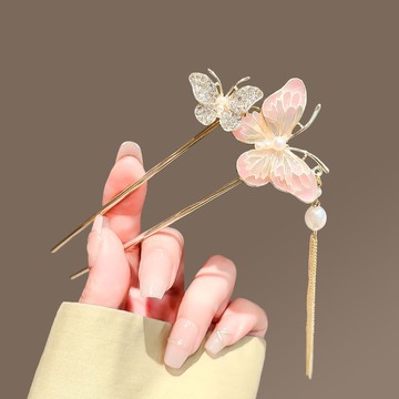 蝴蝶U型發簪女新款古風步搖流蘇盤發簪子雙插發釵漢服旗袍頭飾 z803