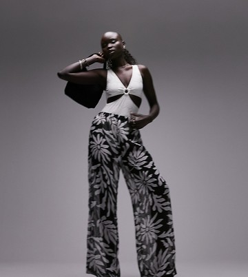 Topshop Petite co-ord chiffon abstract floral trouser in monochrome-Multi