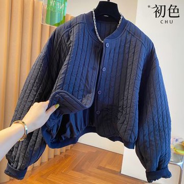 初色 簡約圓領純色寬鬆單排釦短款夾棉棒球外套女外套-共2色-16725(M-2XL可選)