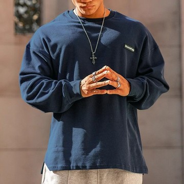 男裝春秋大码300斤宽松华夫格撸铁上衣男美式复古运动打底长袖t恤衫潮