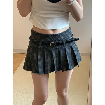 學苑甜褶~格子復古低腰百褶A字甜辣妹防走光短裙半身裙女夏季新款