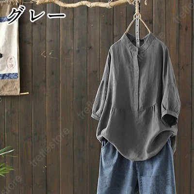 デニムシャツ　シャツ レディース　ラウンドネック 丸首 長袖 大きいサイズ 無地 綿麻混 コットンリネン Tシャツ  涼しい オシャレ フォーマル  通勤 デニムシャツ シャツ レディース ラウンドネック 丸首 長袖
