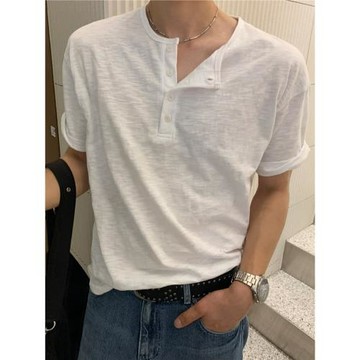 SSUMENAM「亨利領 老錢風」透氣短袖T恤男夏季韓系設計竹節棉體恤