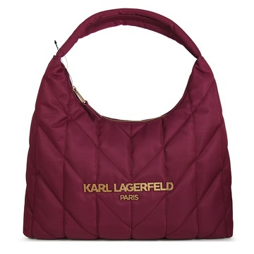 KARL LAGERFELD 品牌字樣酒紅色HOBO绗縫肩背包(大款)
