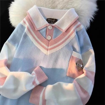 日系復古軟糯假兩件polo領毛衣男女寬松秋冬加厚學院慵懶風針織衫