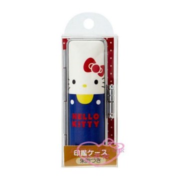 小花花日本精品♥ Hello Kitty 造型印章盒印鑑收納盒內附印泥防撞絨毛內裡藍色金屬扣站姿印章盒99103002