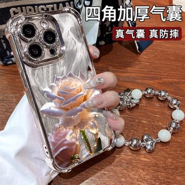 水晶玫瑰適用蘋果15promax手機殼四角氣囊硅膠iPhone14pro軟套支架手鏈13電鍍17Air全包防摔12個性11女16plus