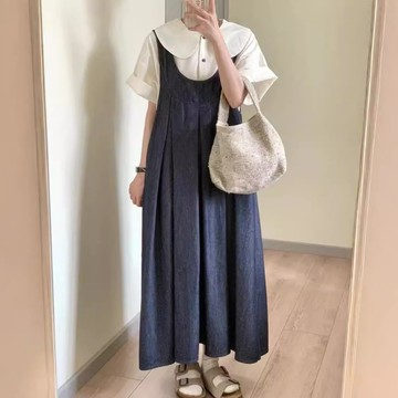 ParrotFashion日系復古牛仔大U領抽繩設計感寬鬆背心裙揹帶裙無袖洋裝