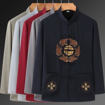 新款春夏裝中老年唐裝男士長袖刺繡中國風休閑爸爸裝棉麻爺爺套裝