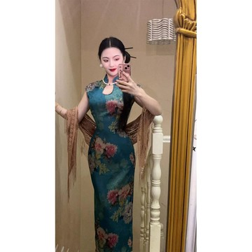 【桃喜Rich女裝】新中式國風洋裝 貝殼袖性感改良旗袍 藍色印花連衣裙 佳人氣質洋裝 宴客洋裝 古典旗袍 短袖中長裙