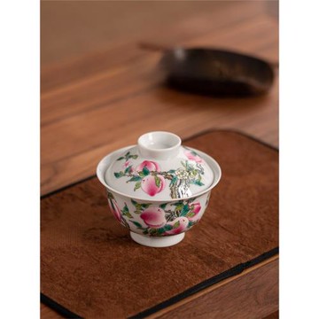 【傅家窯】粉彩九桃壽桃蓋碗景德鎮手工繪二才中式高檔家用泡茶器