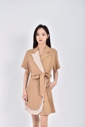 (M) viva king質感棉質短袖棕色綁帶洋裝