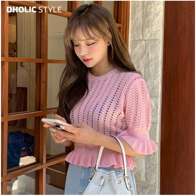 トップス ニット サマーニット 半袖 ショートスリーブ ラウンドネック ボタン ストリング ペプラム パンチング シアー 透ける 夏 通販 Lineポイント最大0 5 Get Lineショッピング