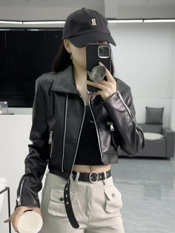 黑色PU皮衣甜辣外套女春秋2023新款爆款小個子美式皮夾克短款上衣