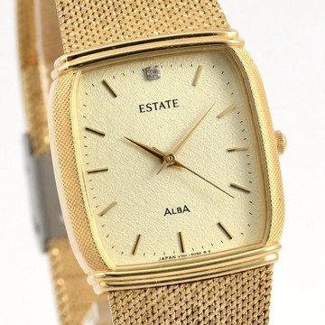 SEIKO ALBA ESTATE 男款/中性款 石英錶 26mm 方形錶殼 1顆鑽石 金色 古董錶