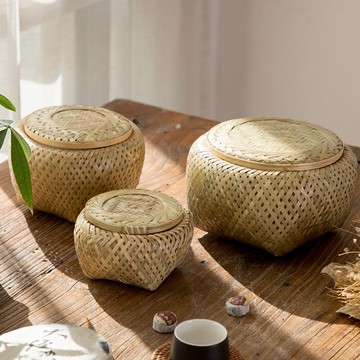 異麗越南進口竹編茶簍沱茶收納罐手工編織醒茶罐竹編收納圓形罐子