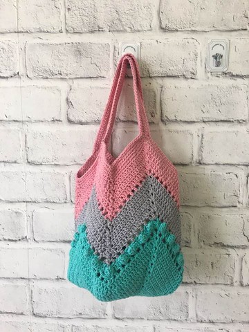 手作純棉手提編織包//購物袋/午餐包~藍灰粉配色