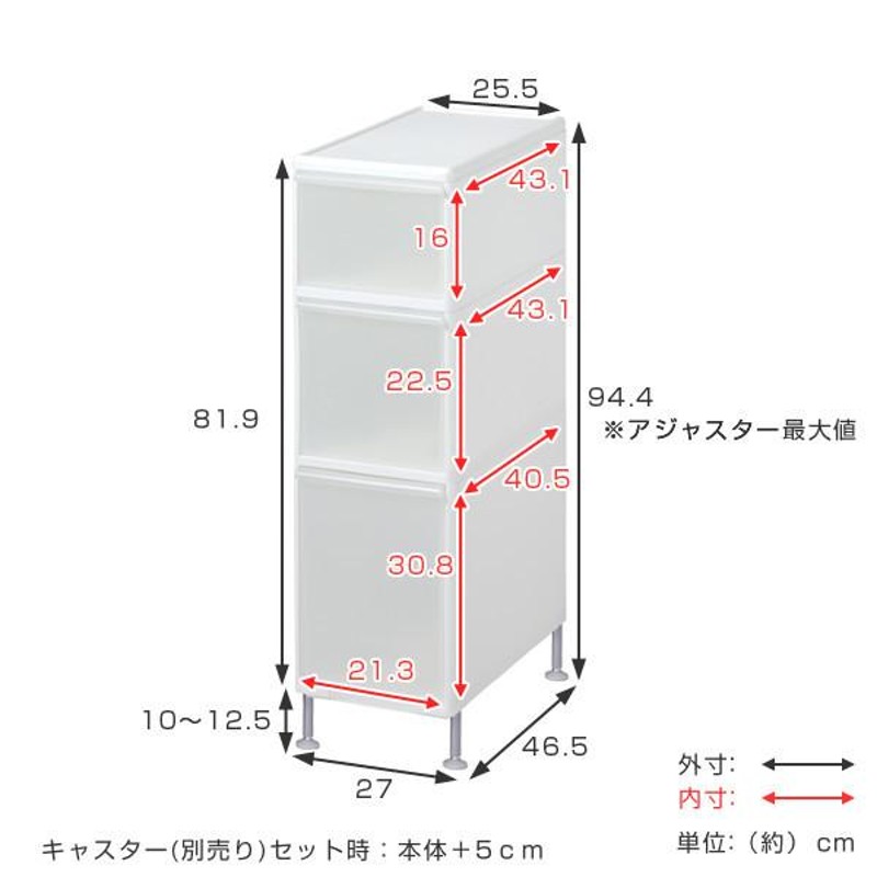 キッチンストッカー 幅25.5cm 3段 アジャスター付 スリムストレージ MS