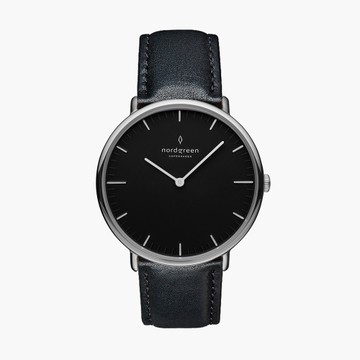 Nordgreen Native本真 月光銀系列極夜黑真皮腕錶40mm(NR40SILEBLBL)