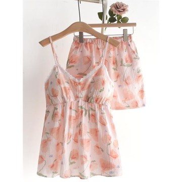 甜美花邊帶胸墊睡衣女士夏季純棉紗布薄款寬松吊帶短褲家居服套裝