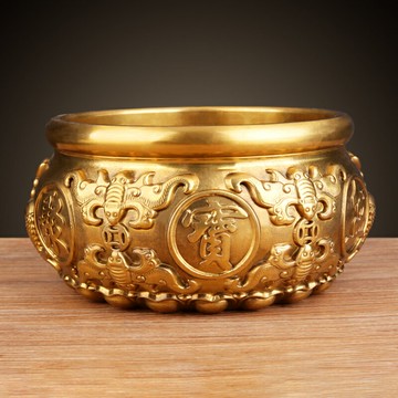 黃銅聚寶盆擺件五福香爐龍鳳銅缸中式家居擺設客廳桌面裝飾工藝品