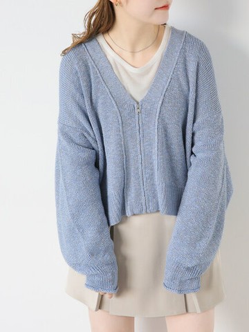 簡約車線設計V領拉鍊針織罩衫/外套(FF41L2D1380) - ehka sopo