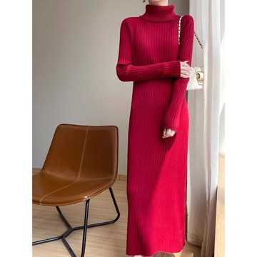 秋季高領長袖針織打底連衣過膝裙長款毛衣裙中長款內搭打底長裙