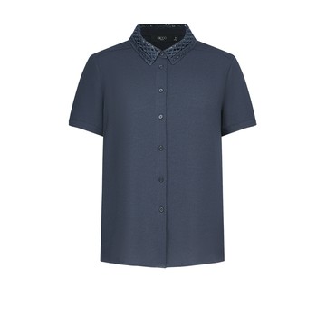 蕾絲領短袖休閒上衣/深藍色 | 5624151179