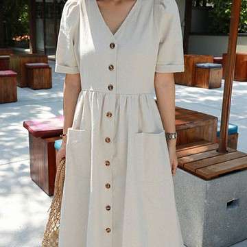 現貨+預購 洋裝短袖連身裙-復古棉麻單排扣長款女裙子2色74kf21【獨家進口】【米蘭精品】