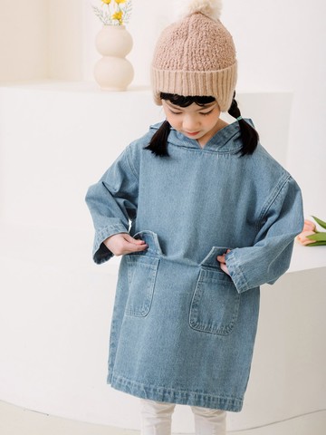 率性雙口袋牛仔連帽休閒洋裝-親子款(童)