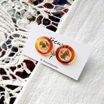 琥珀色 復古日式乾燥花耳環 圓形貼耳