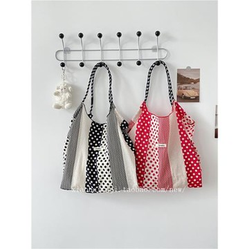 小白兔幾 新款法式點點單肩包大容量帆布包薄款學生布袋手提單肩