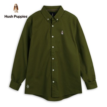 Hush Puppies 襯衫 男裝素色亞麻刺繡小狗長袖襯衫