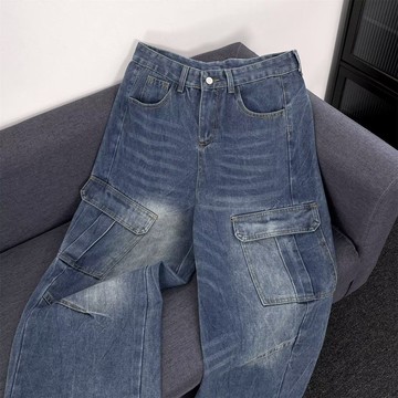 多兜工裝美式牛仔褲男 慵懶風復古寬鬆直筒寬褲男