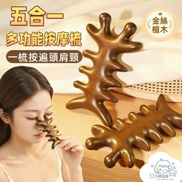 台灣出貨⚡五合一多功能按摩梳 檀木梳 經絡梳 頭皮頭療檀木經絡梳 眼部臉部提拉 刮痧梳 點穴梳 肩頸背部按摩 按摩刮痧板