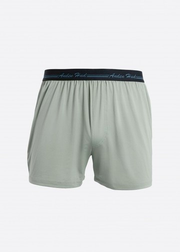 男款_吸濕排汗機能系列．不開襟寬鬆腰帶四角內褲(礁石灰-手寫logo黑緊帶)