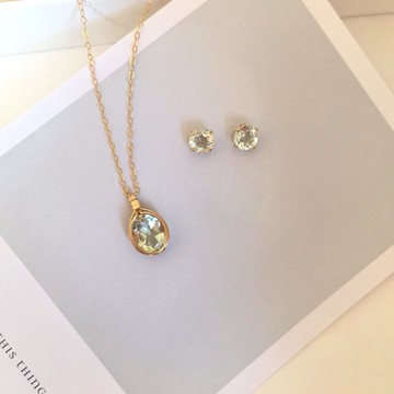 綠紫晶耳釘項鏈套裝 14KGF 天然綠水晶吊墜耳飾首飾套裝綠水晶