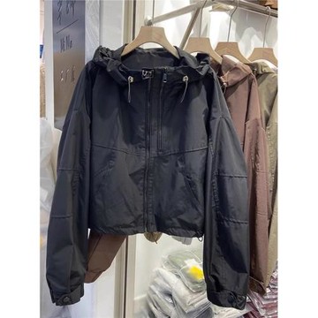 歐貨連帽沖鋒衣外套女2025春秋新款寬松顯瘦短款百搭休閑夾克上衣