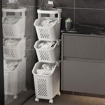 【AOTTO】夾縫式三層附輪髒衣籃收納置物架(髒衣籃 洗衣籃)