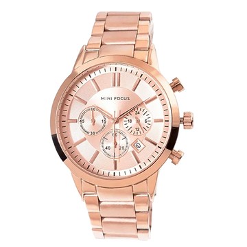 MINI FOCUS 捍衛愛情真三眼日期顯示金屬鍊帶手錶 WMF0188  粉膚面玫金帶