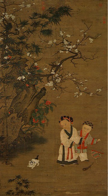 仿古畫 復制 絹本 畫心 宋 蘇漢臣 冬日戲嬰圖60-113厘米 裝飾